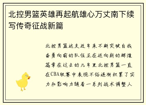 北控男篮英雄再起航雄心万丈南下续写传奇征战新篇