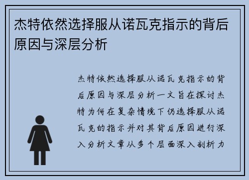 杰特依然选择服从诺瓦克指示的背后原因与深层分析