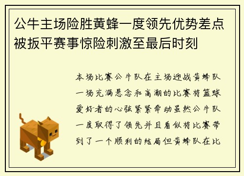 公牛主场险胜黄蜂一度领先优势差点被扳平赛事惊险刺激至最后时刻
