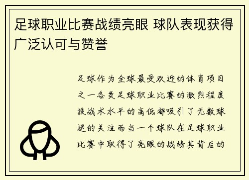 足球职业比赛战绩亮眼 球队表现获得广泛认可与赞誉